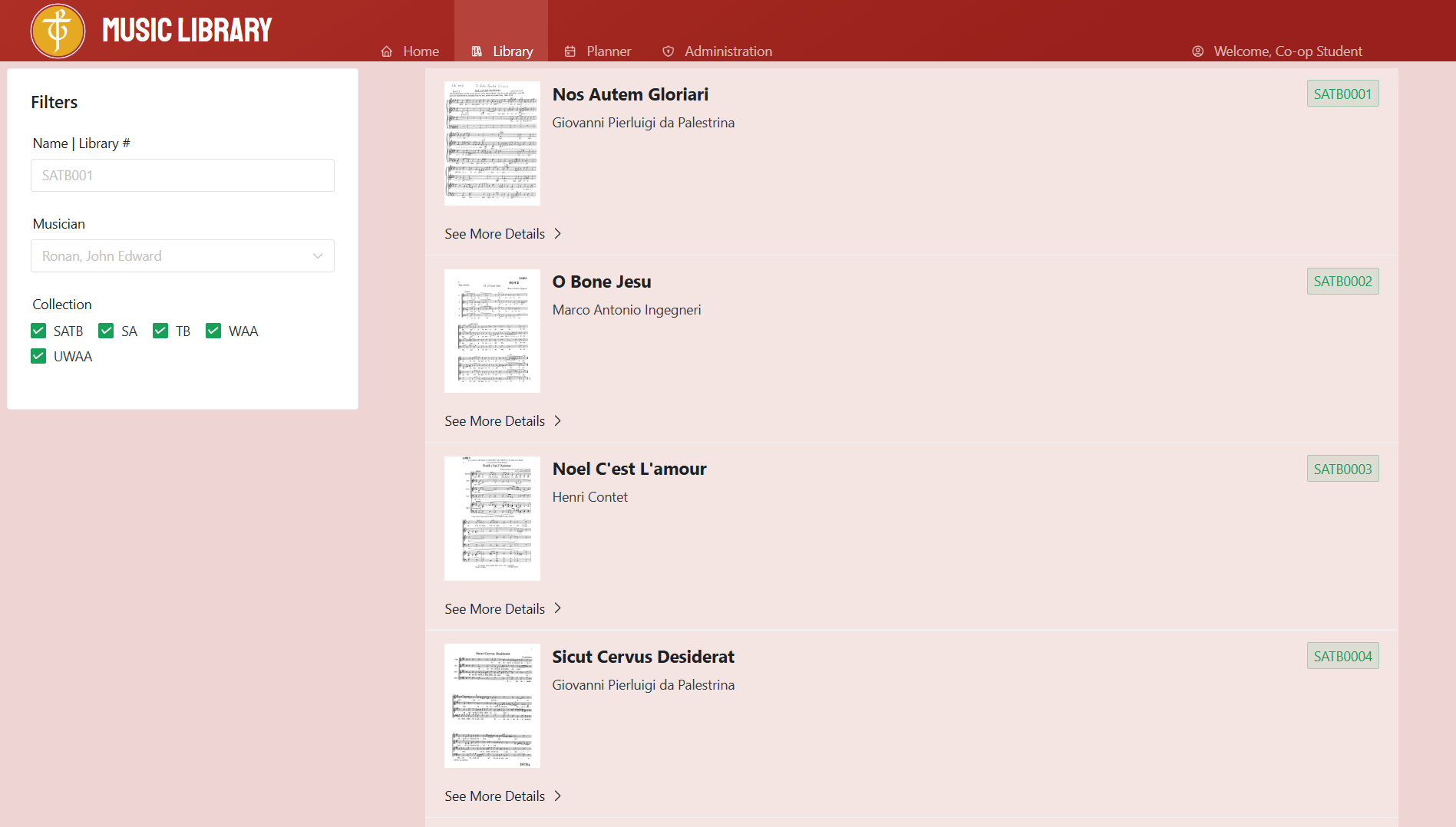 Music Library interface with filters and sortable sheet-music records